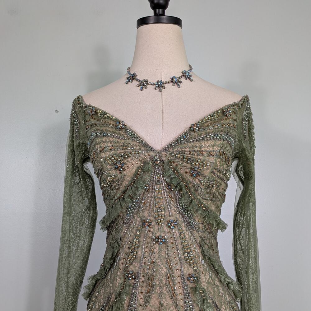 Vintage Terani Prom Dress Maxi Gown 4 Green Ruffle Fairy Princess Sleeve Evening - Picture 4 of 16